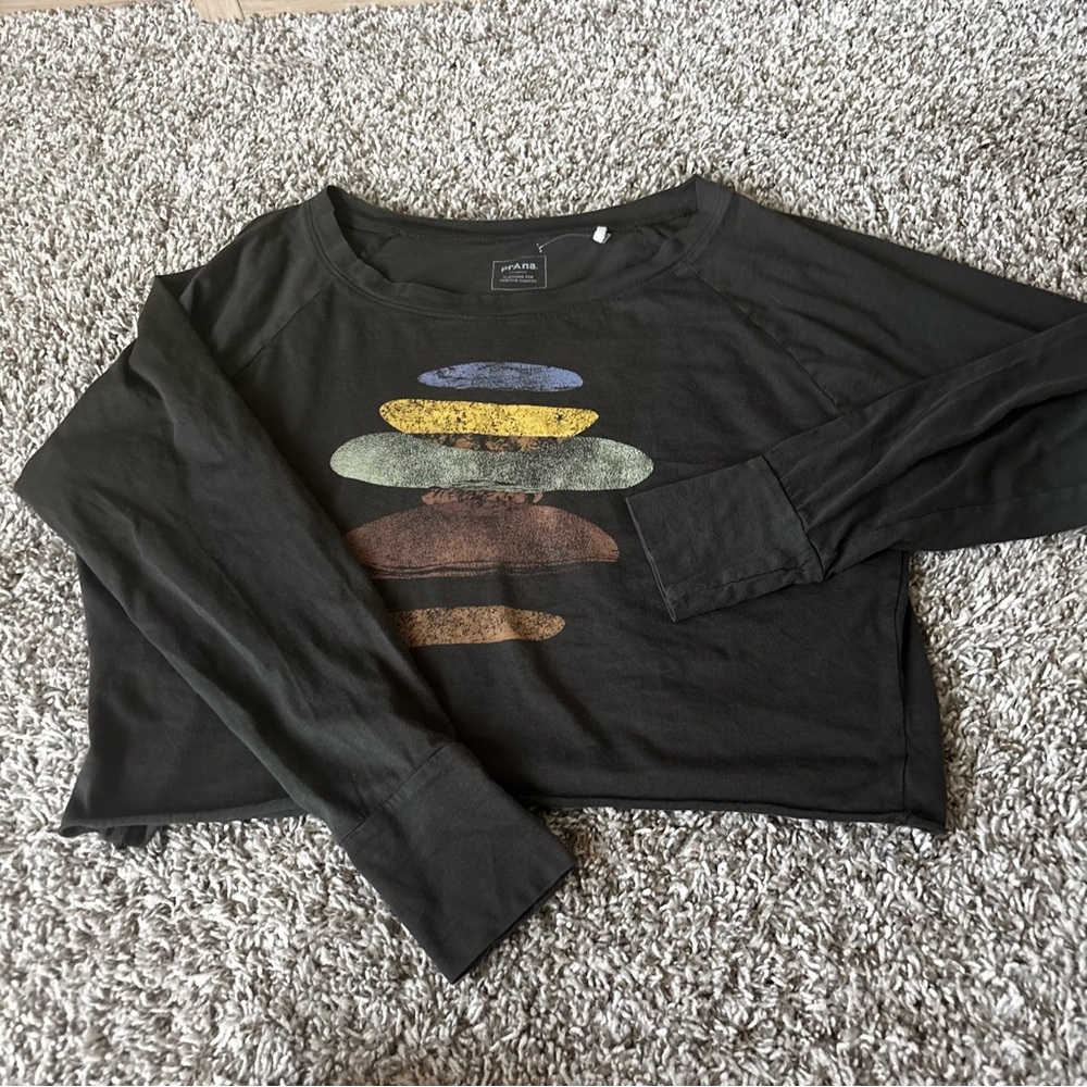 Prana Black Graphic Tee with Multicolor Stone Print cropped boho